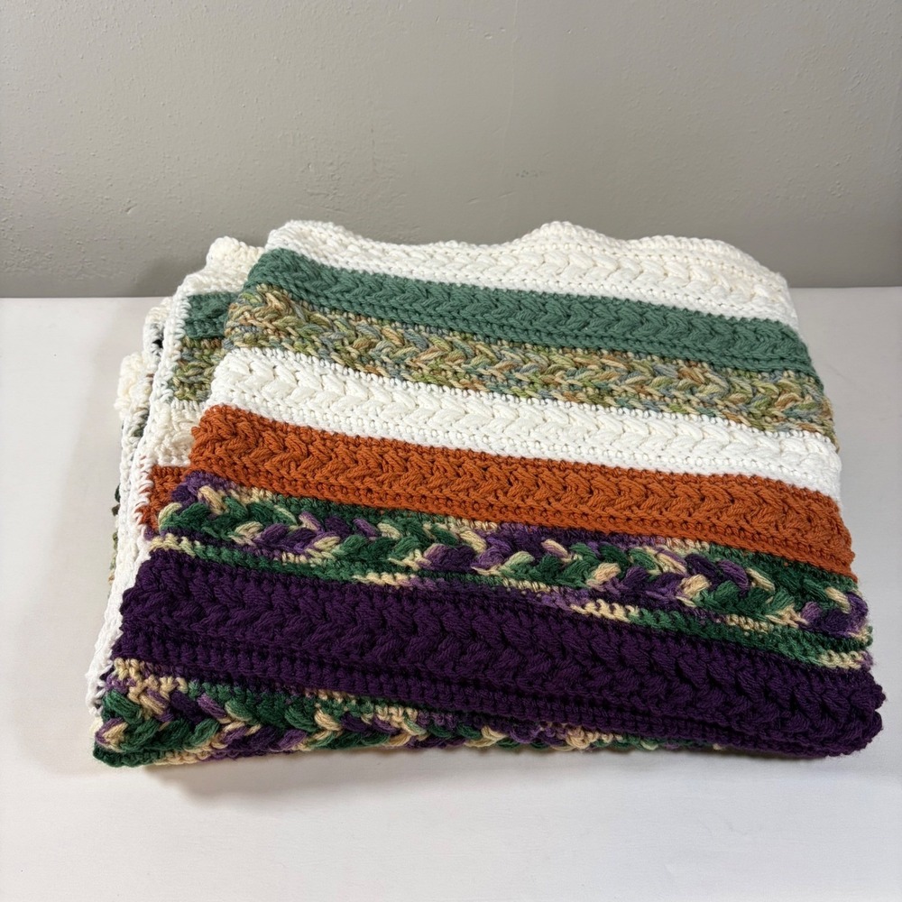 Handmade Crochet Striped Blanket Throw Boho Cottagecore Purple Green 68x29